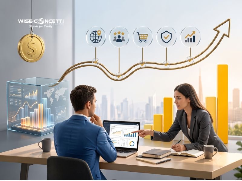 Business consultant reviewing data, security, and growth metrics with a client, representing how to evaluate a Southeast Asia localization partner