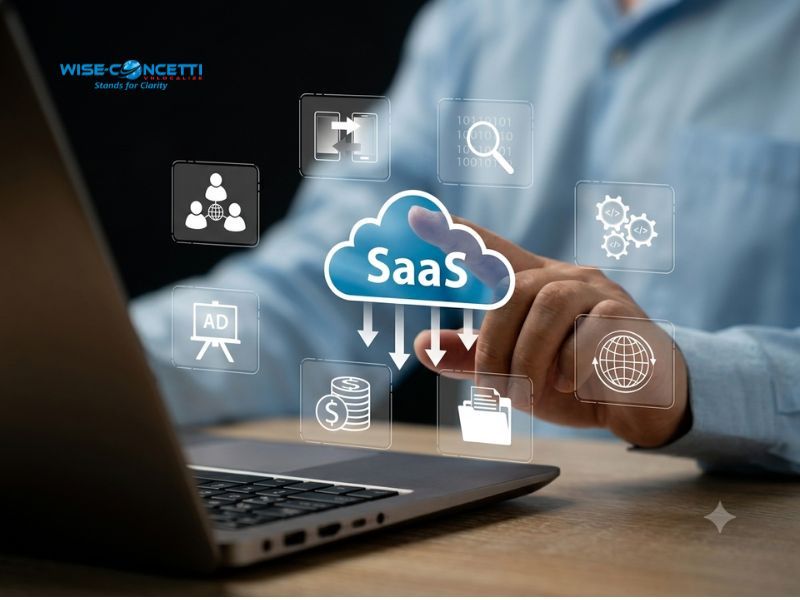 SaaS cloud platform icon surrounded by localization and technology icons including software integration, global search, team collaboration, and international connectivity