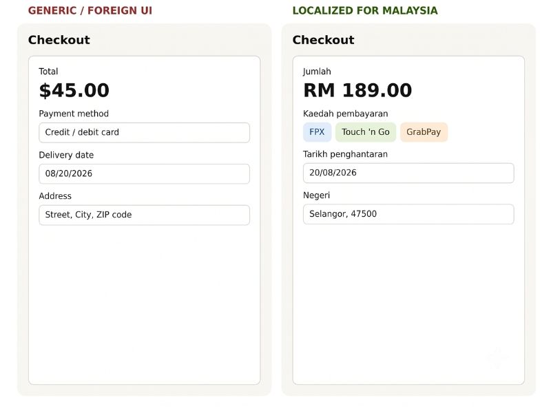 Comparison of generic foreign checkout UI versus localized Malaysian checkout UI showing RM currency, FPX, and local date format