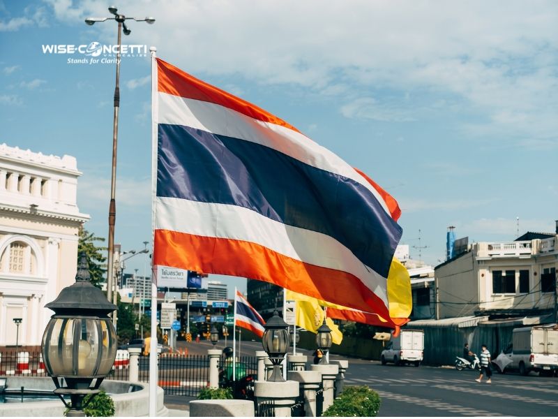 Thai national flag flying in a street in Thailand