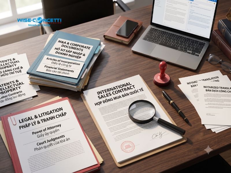Legal and corporate documents, including contracts, company records, financial statements, and notarized translations arranged on an office desk.