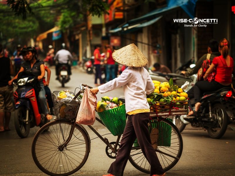 Street vendor navigating Hanoi's Old Quarter traffic, reflecting Vietnam's fast-paced, relationship-driven consumer culture