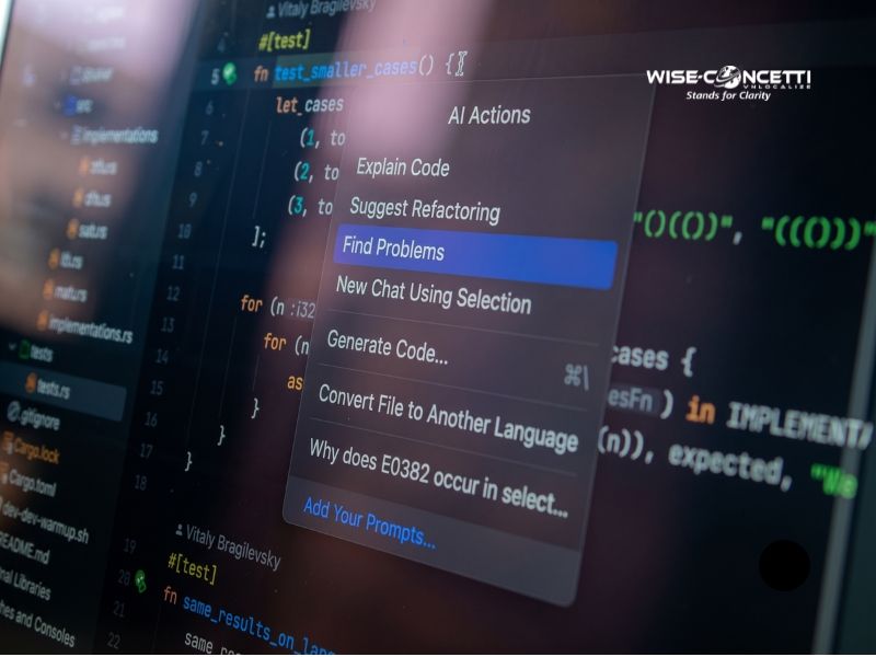 Code editor showing an AI Actions menu with Find Problems selected, used to catch layout and logic bugs during Vietnamese UI localization