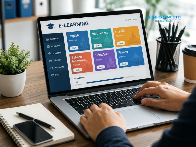 A multilingual e-learning platform displaying localized training courses in multiple Southeast Asian languages on a laptop screen.