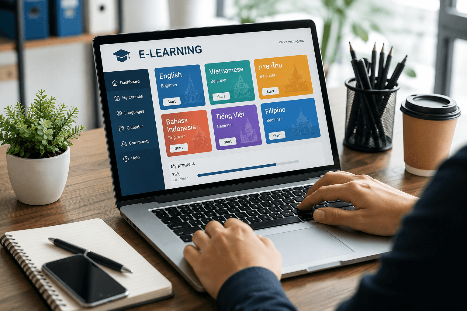 Một nền tảng e-learning đa ngôn ngữ hiển thị các khóa đào tạo đã được bản địa hóa bằng nhiều ngôn ngữ Đông Nam Á trên màn hình laptop.