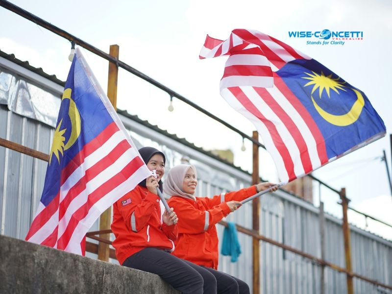 Two Malaysian women waving national flags representing cultural diversity and market localization in Malaysia